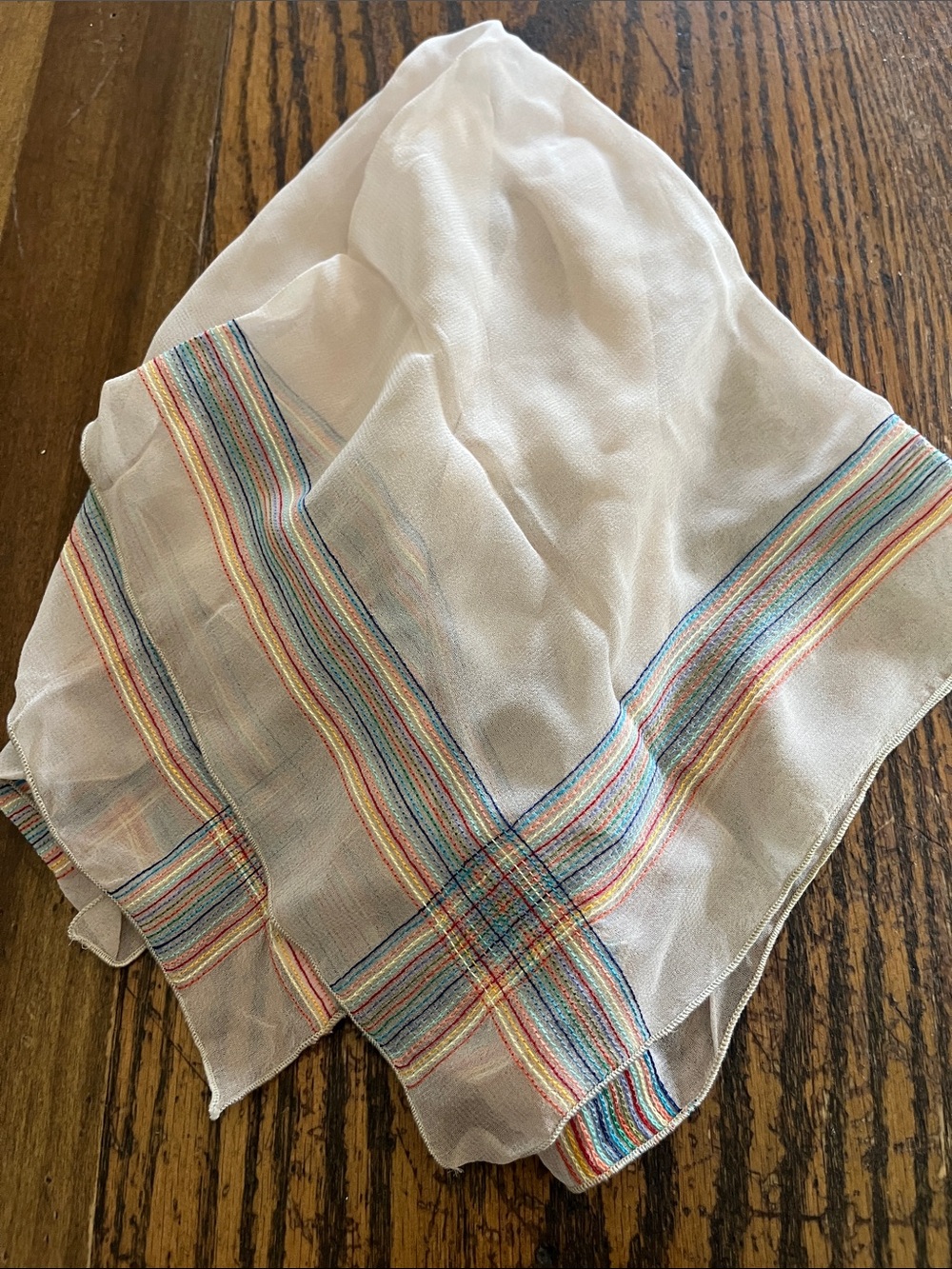 Vintage Carol Laurie Sheer White Scarf with Multicolor Stripe Border -